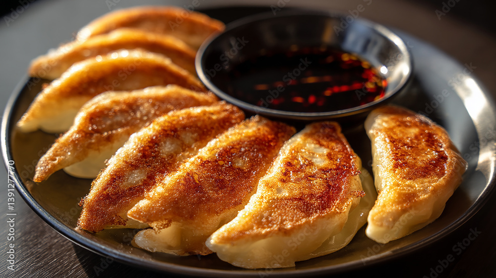 Gyoza arranged in a half-circle with dipping sauce in the middle Gyoza arranged in a half-circle with dipping sauce in the middle