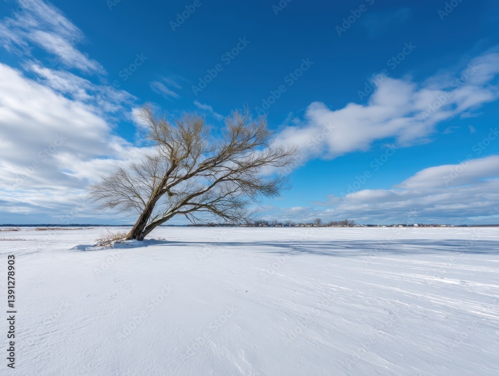 Bare Willow Tree in Winter Landscape with Vast Snow Field and Blue Sky with Clouds Capturing Serenity and Tranquility with a Wide Angle Lens Bare Willow Tree in Winter Landscape with Vast Snow Field and Blue Sky with Clouds Capturing Serenity and Tranquility with a Wide Angle Lens