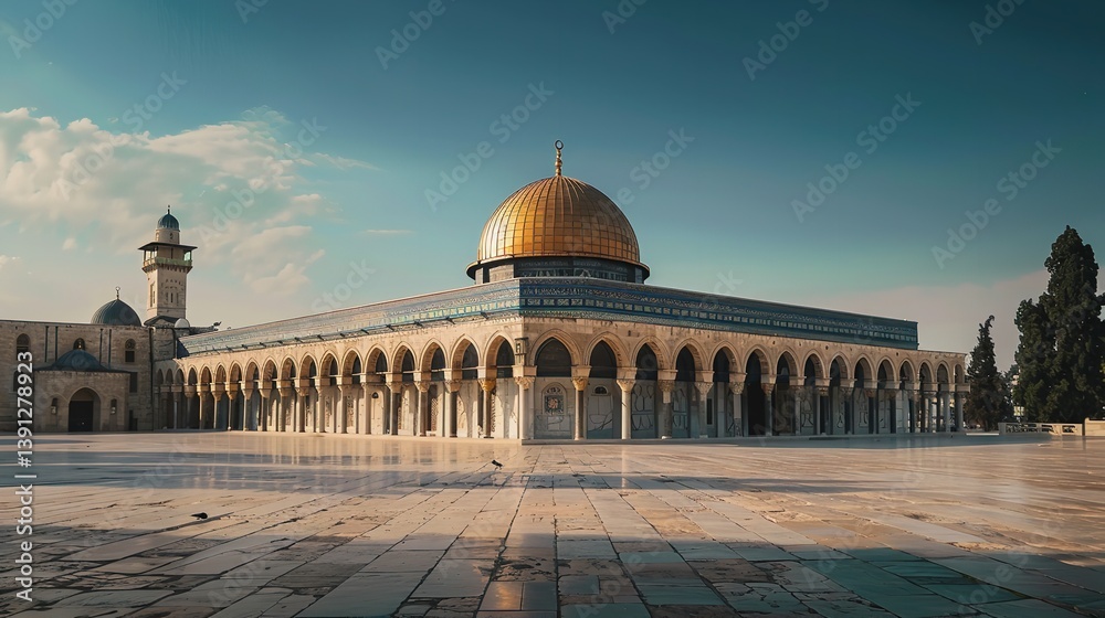Naklejka premium Dome of the rock mosque Israa and Miraj, also known as Al-Isra wal Mi'raj, which depicts the Prophet Muhammad's nighttime ascent to heaven under a clear blue sky, Generative AI.