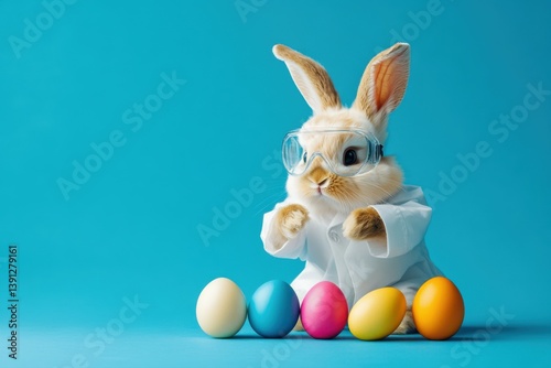 Funny Bunny Scientist with Easter Eggs - Easter concept image, cute bunny is wearing lab coat with blue background