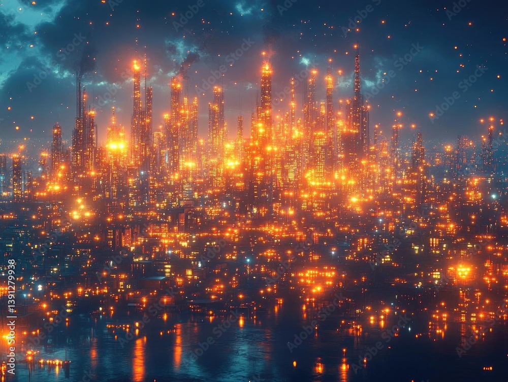 Naklejka premium Futuristic Cityscape: Night Lights Gleam on Towers and Buildings, Reflecting in Water