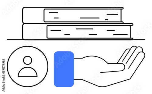 Open hand beneath two books with a user circle symbol, representing sharing knowledge, education, and collaboration. Ideal for learning, teaching, support, mentorship, charity teamwork flat simple