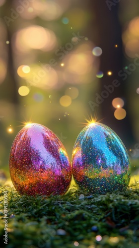 Sparkling Easter Eggs in a Forest Glade. Colorful, bright, festive, magical holiday, mossy ground, sunny bokeh.