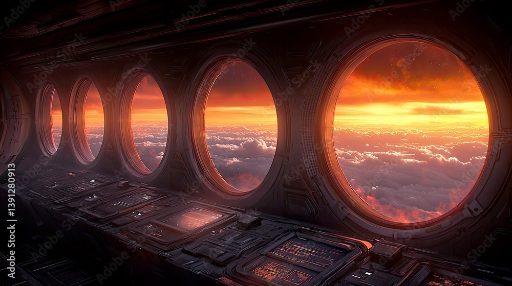 Obraz premium Crimson Skies: A breathtaking sunrise viewed from a spaceship's porthole, above a sea of clouds.