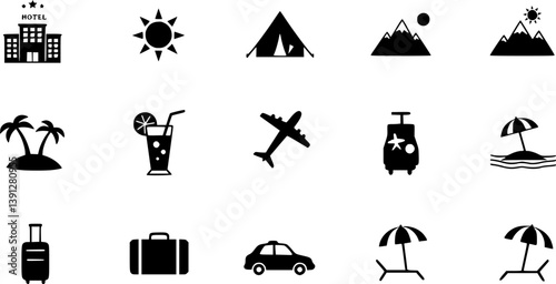 summer travel icon set. holiday tour icons for app and website containing hotel sun camp mountain drink plane island. transparent png and vector.