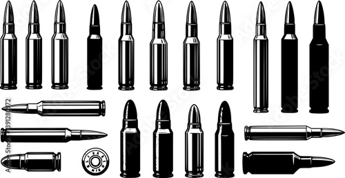 Set of Illustrations of bullets and cartridges in vintage monochrome style. Design element for logo, label, sign, emblem, poster. Vector illustration
