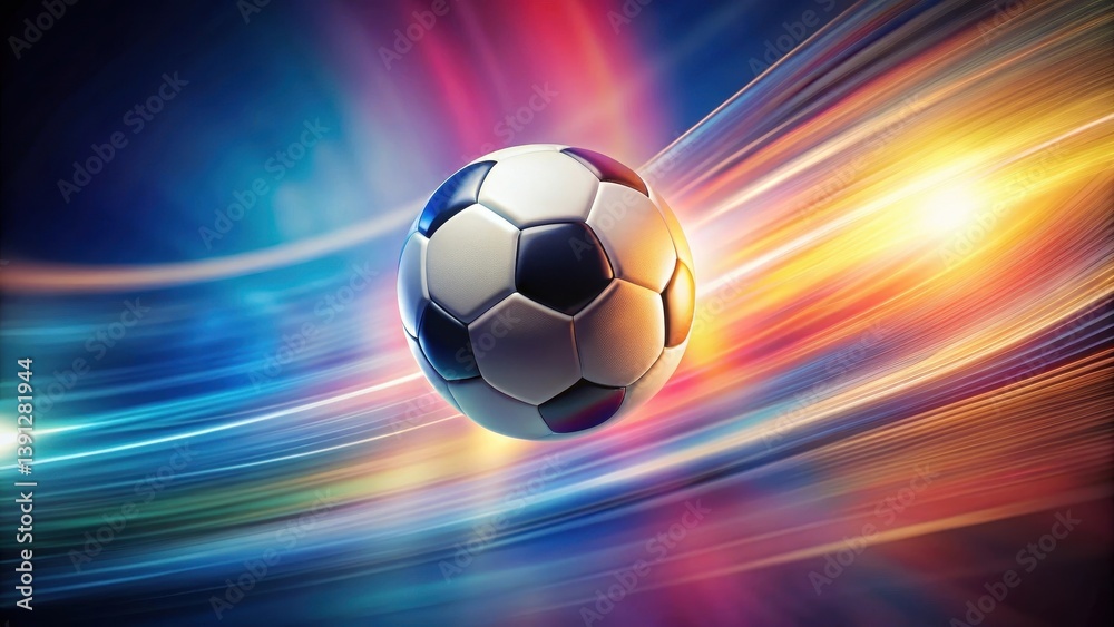 Naklejka premium Soccer ball spinning in mid-air as it's touched by an invisible hand, creating a blur of colors and movement , jumping touch, fast pace