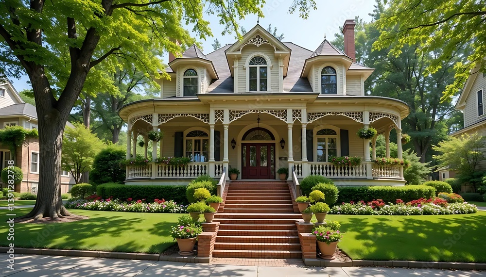 Fototapeta premium Victorian-style house, wrap-around porch, lush green trees, manicured lawn, colorful flower beds.