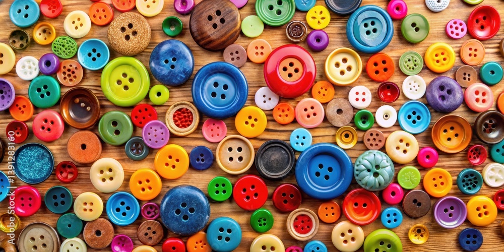 A vibrant collection of colorful buttons in various shapes and sizes scattered across a wooden board, button collection, assorted colors A vibrant collection of colorful buttons in various shapes and sizes scattered across a wooden board, button collection, assorted colors