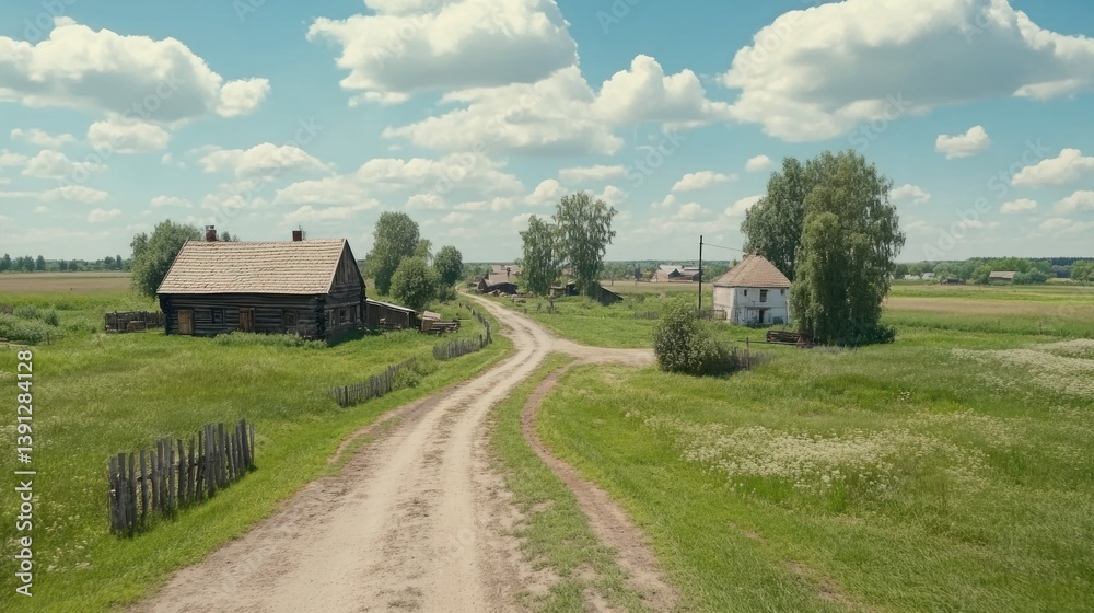 Rustic village scene with country road Rustic village scene with country road