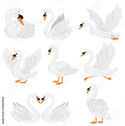 Eight white swans in different poses, perfect for wildlife, nature, or birdthemed designs, adding elegance and grace to projects.