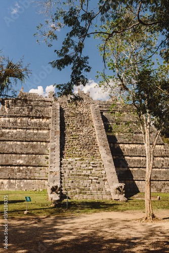Old architecture. Old city in Mexico on summer day. Large city built by the Maya people of the Terminal Classic period. Temple of Kukulcan, UNESCO World Heritage Sites