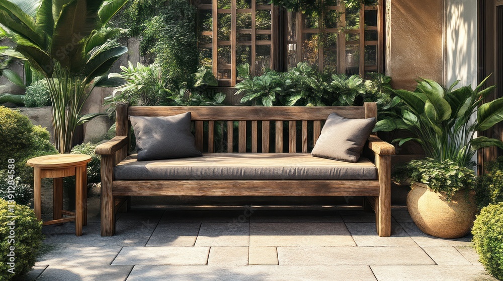 Outdoor Living Space with Wooden Bench and Lush Greenery Outdoor Living Space with Wooden Bench and Lush Greenery