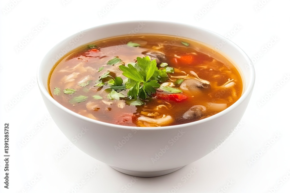 A realistic photo of Hot and Sour Soup, hyper-realistic, isolated on white A realistic photo of Hot and Sour Soup, hyper-realistic, isolated on white