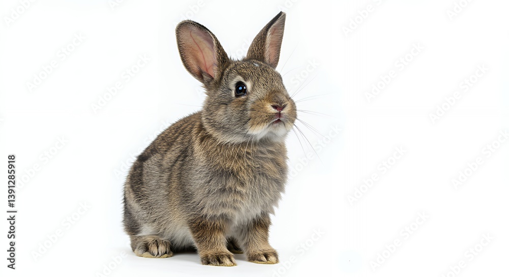 Fototapeta premium Adorable brown bunny rabbit sitting upright looking curious on white backdrop