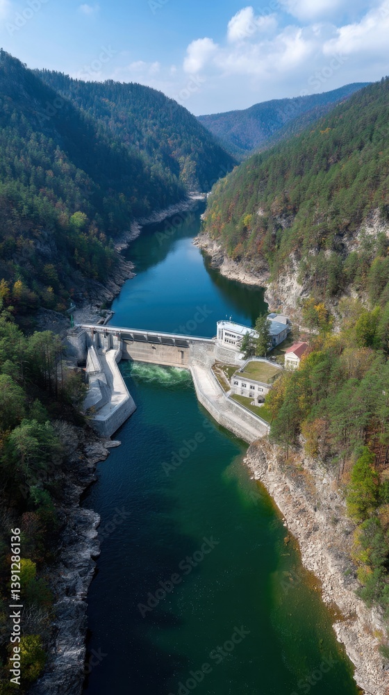 Aerial view of a dam in the mountains surrounded by autumn trees and a river reflecting the blue sky and clouds Aerial view of a dam in the mountains surrounded by autumn trees and a river reflecting the blue sky and clouds