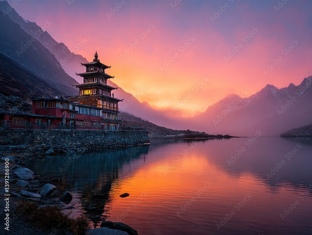monastery in Tibet at dawn