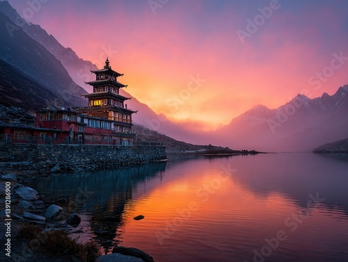 Obraz na płótnie monastery in Tibet at dawn w salonie