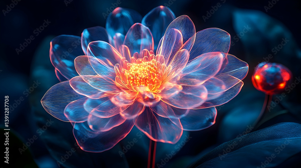 Obraz premium A beautifully lit flower with petals glowing against a dark background