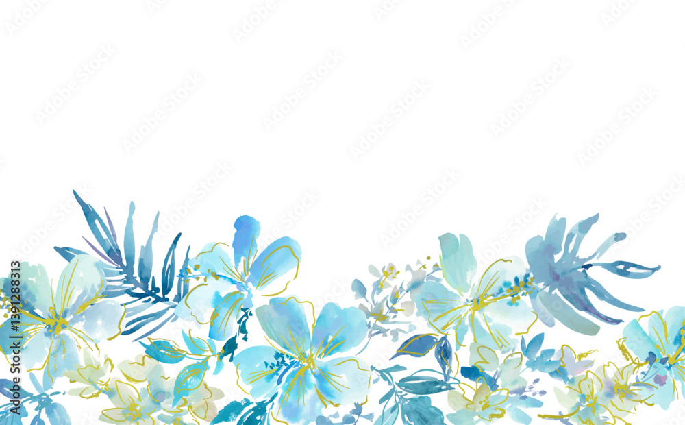 A transparent background with an abstract blue hibiscus flowers, monstera, tropical foliage, and gold line art, painted in watercolor. A vector frame with tropical plants.