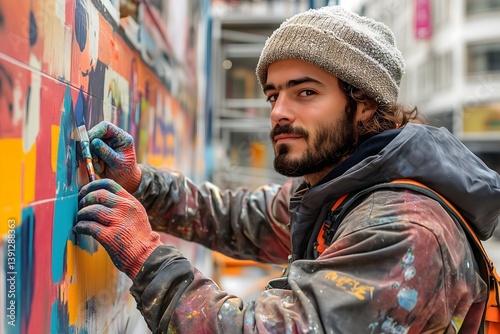Street artist creates vibrant mural in urban setting during daylight hours