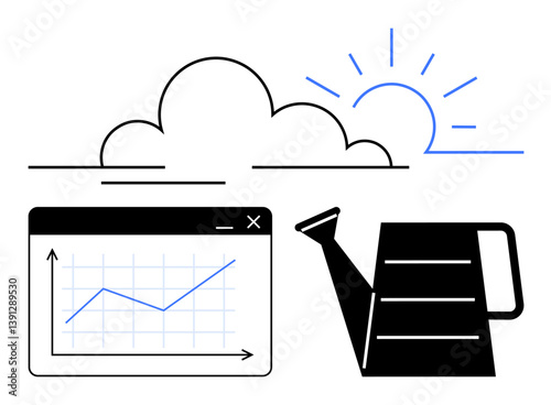 Line chart symbolizing growth, watering can for nurturing, cloud, and sun for balance. Ideal for growth, success, investment, productivity strategy progress sustainability. Flat simple metaphor