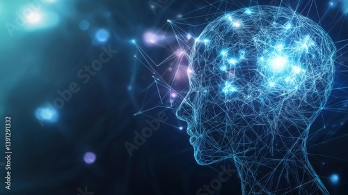 An abstract digital human head glows with bright neural network connections symbolizing artificial ligence and data processing.