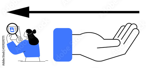 Woman inspecting paper using magnifier, large open hand, arrow pointing left. Ideal for analysis, exploration, guidance, direction, review evaluation support visuals. Flat simple metaphor