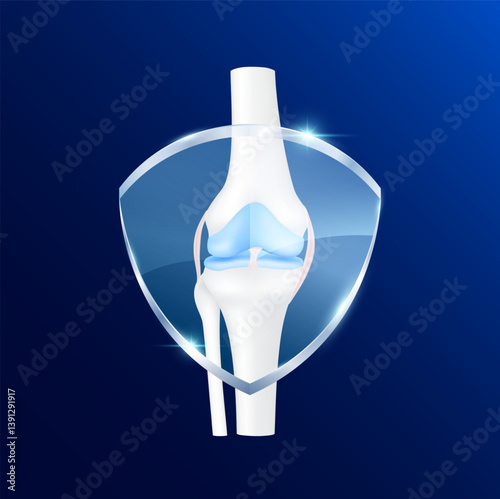 Leg knee joint with transparent glass shield in front on blu background. Vitamin D and minerals calcium magnesium protect bone cartilage. Vector EPS10.