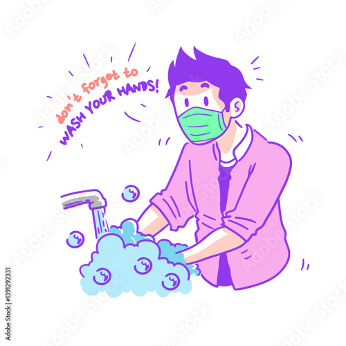 Cute Cartoon Boy Washing Hands with Soap for Hygiene