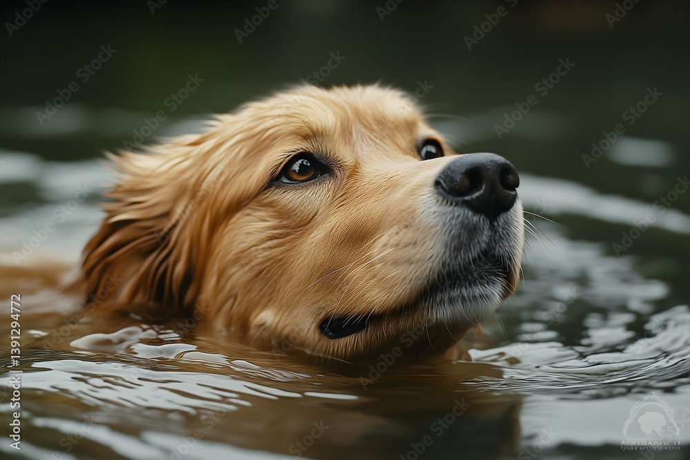 Golden retriever joyfully swimming in a serene lake on a sunny afternoon Golden retriever joyfully swimming in a serene lake on a sunny afternoon