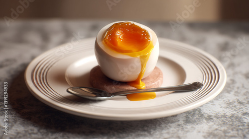 Half-boiled egg with runny yolk on white plate