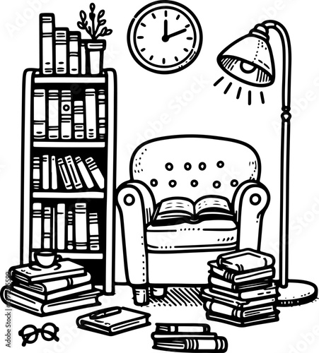 Book Lover’s. Coloring Book Page. Cartoon Illustration.