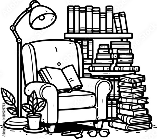 Book Lover’s. Coloring Book Page. Cartoon Illustration.