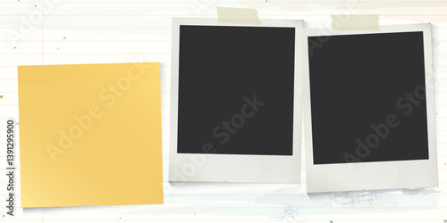 Both of blank old instant photograph and blank sticky note stick on used old notebook paper horizontal background with stained effect graphic illustration.
