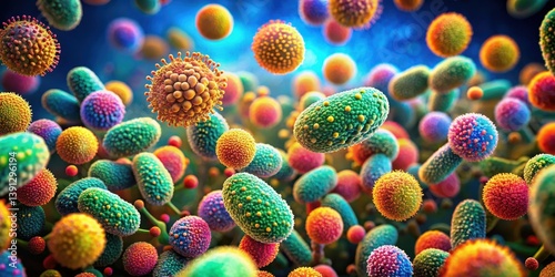 A microscopic view of densely packed, vividly colored bacteria displaying intricate cellular structures and dynamic interactions within their colonies, cell, microscopic
