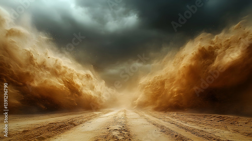 A dramatic dust storm engulfs a desert road with a dark sky