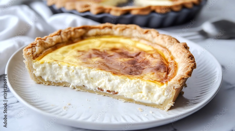 Serving of quiche Lorraine with flaky crust and creamy filling Serving of quiche Lorraine with flaky crust and creamy filling