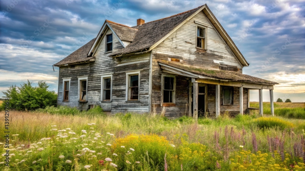 A dilapidated farmhouse with shattered windows and a yard filled with tall grasses and wildflowers, the porch creaks under the weight of years of abandonment , dilapidated, porch A dilapidated farmhouse with shattered windows and a yard filled with tall grasses and wildflowers, the porch creaks under the weight of years of abandonment , dilapidated, porch