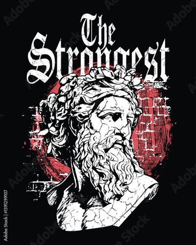 Powerful bust of a Greek mythological figure, "The Strongest," against a textured red and black backdrop.