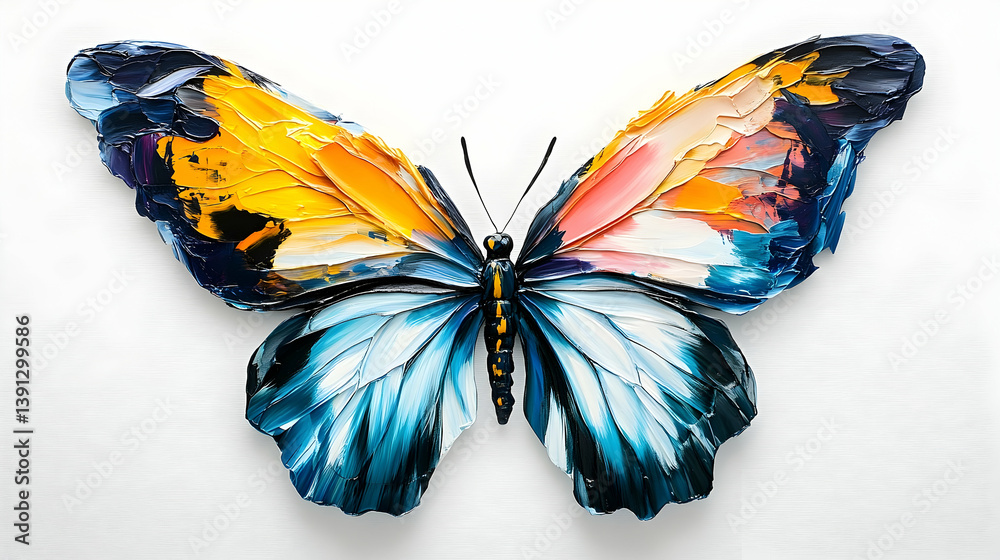 Fototapeta premium A colorful artistic painting depicts a beautiful butterfly on white