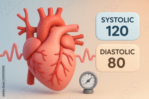 Healthy Heart with Blood Pressure: A detailed medical illustration showcases a healthy heart alongside key indicators of blood pressure: systolic and diastolic readings.