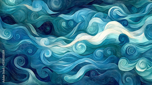 Abstract swirling water imagery featuring cool blue shades and tones