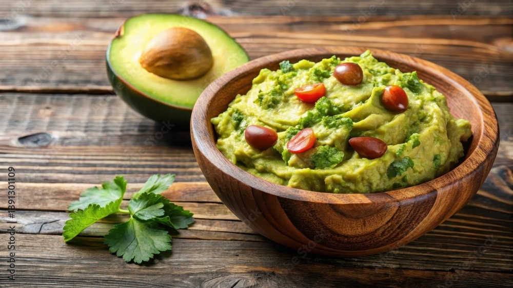 Freshly made guacamole served in a shallow wooden bowl with ripe avocados sliced and arranged artfully on top, avocado dip, avocado toast Freshly made guacamole served in a shallow wooden bowl with ripe avocados sliced and arranged artfully on top, avocado dip, avocado toast
