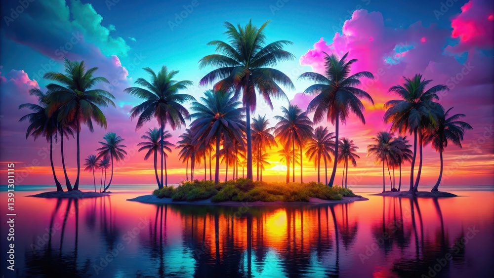 Island Oasis at Sunset with Palm Trees and Vibrant Neon Lights, vibrant colors, sunset Island Oasis at Sunset with Palm Trees and Vibrant Neon Lights, vibrant colors, sunset