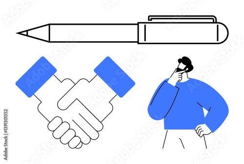 Pen emphasizes planning, handshake indicates partnership, and thoughtful figure suggests strategy and problem-solving. Ideal for teamwork, business negotiation, decision-making, creativity