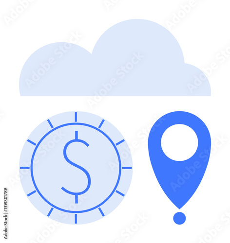 Cloud hovering over dollar coin and location pin highlights digital finance, cloud storage, data management. Ideal for business, technology, innovation, finance apps, GPS, data processing flat