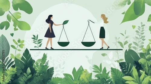 A symbolic image of balance between business growth and environmental stewardship led by women.