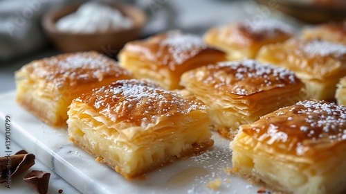 Greek galaktoboureko semolina custard filo with syrup sliced on white background