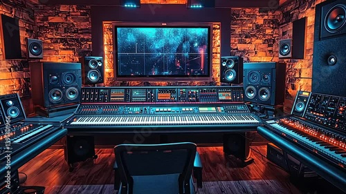 Professional music recording studio with mixing console, monitors, and keyboards